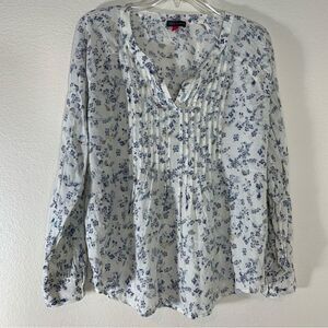 Vince Camuto Tranquil Peasant Blouse, White Blue Yellow Babydoll Top Size Medium